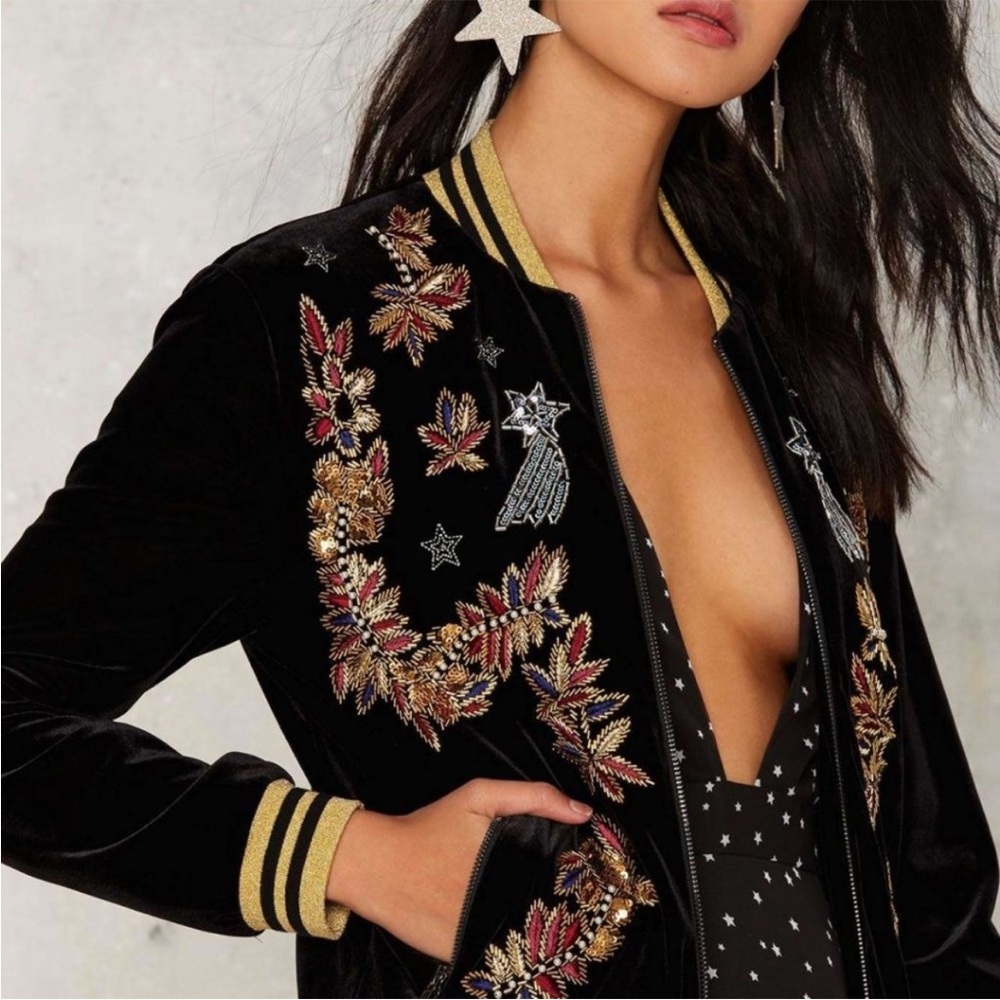 Velvet embroidered bomber jacket